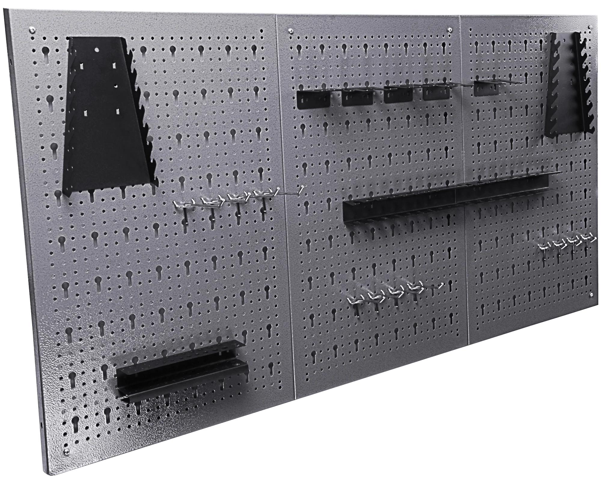 Ensemble de rangement métallique perforé pour garage – 3 panneaux avec 22 porte-outils | Réf. : 123HP03