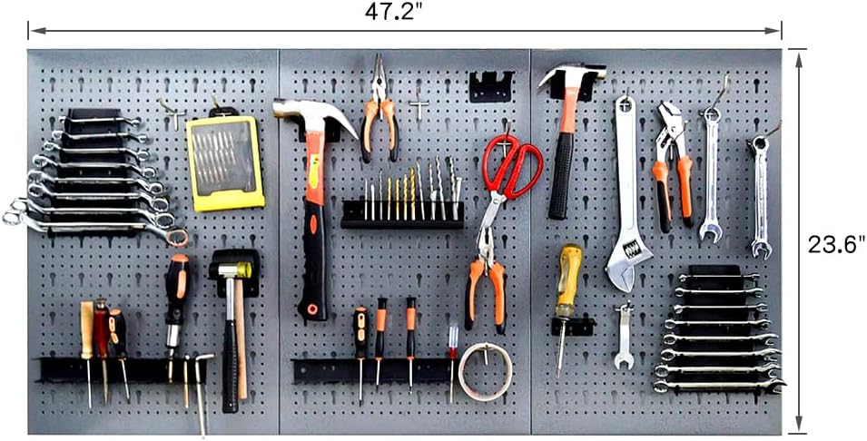 Ensemble de rangement métallique perforé pour garage – 3 panneaux avec 22 porte-outils | Réf. : 123HP03