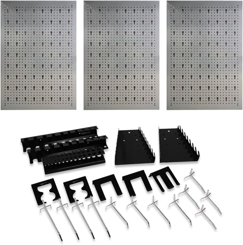 Ensemble de rangement métallique perforé pour garage – 3 panneaux avec 22 porte-outils | Réf. : 123HP03